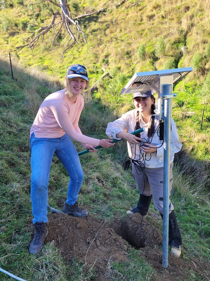 Water Technology staff installing soil probes for the Giant Gippsland Earthworm